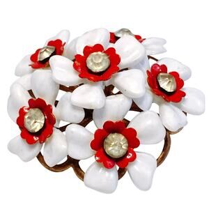 Vintage 1950s Domed White Lucite Floral Cluster Brooch Red Enamel Rhinestone